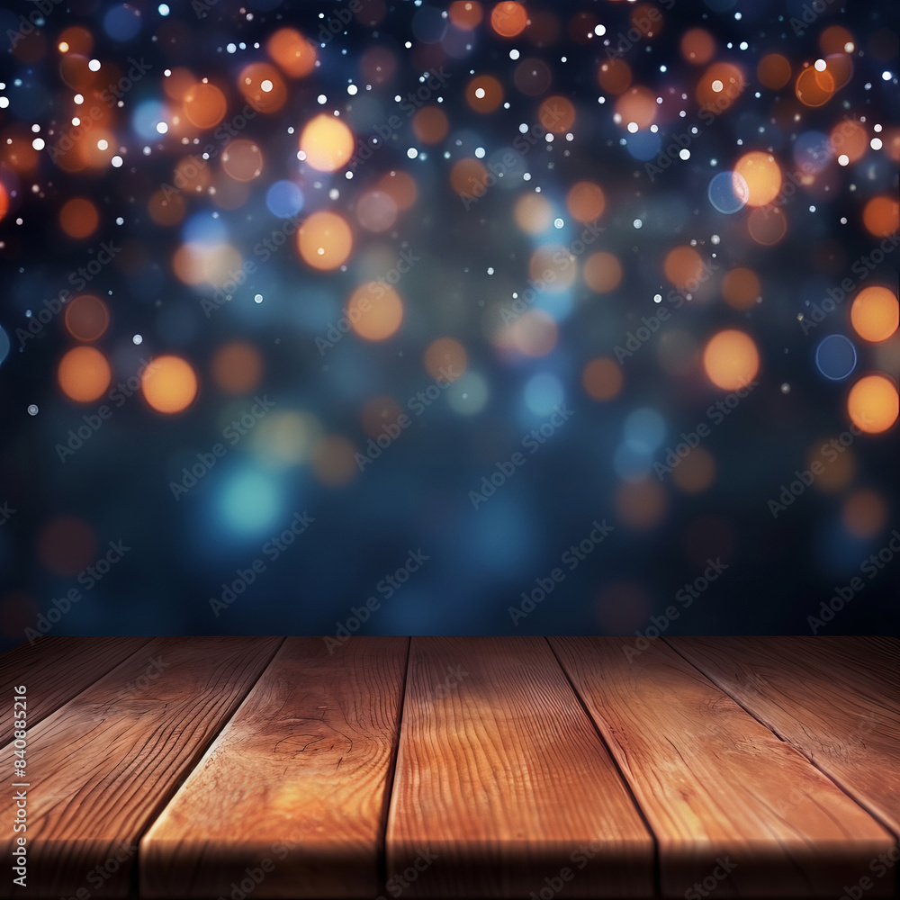 Wood table against bokeh background. Wood table against bokeh background.