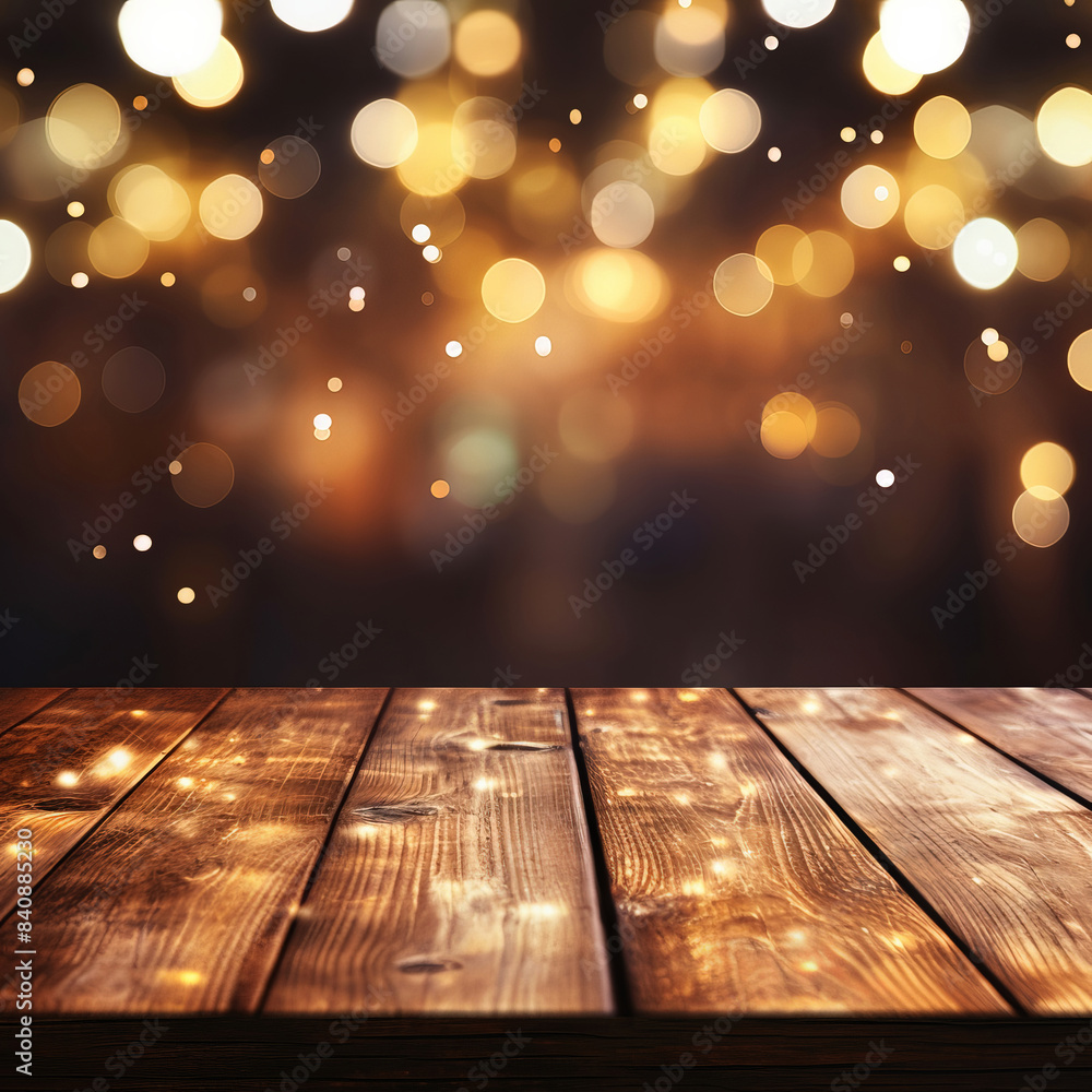 Wood table against bokeh background. Wood table against bokeh background.