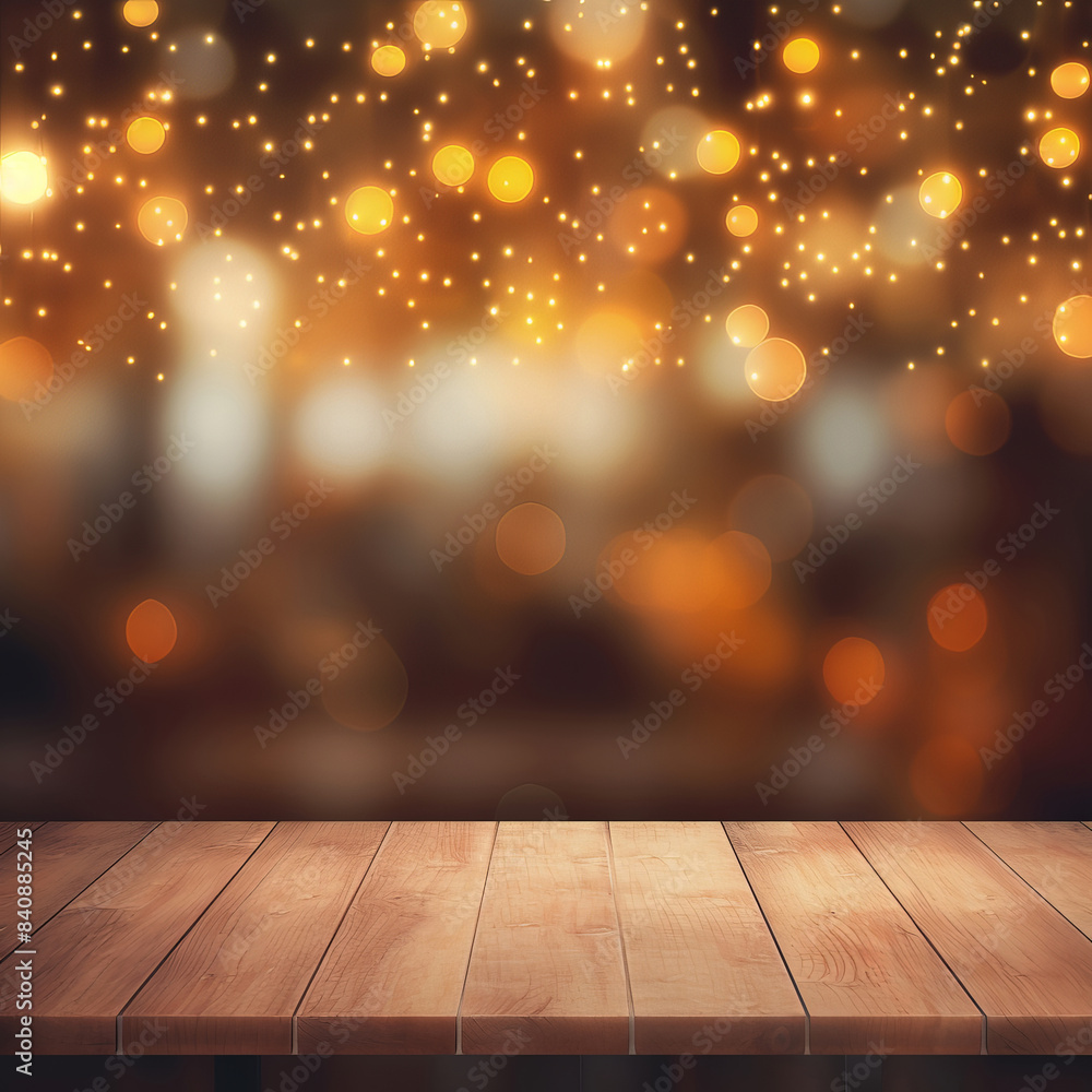 Wood table against bokeh background. Wood table against bokeh background.