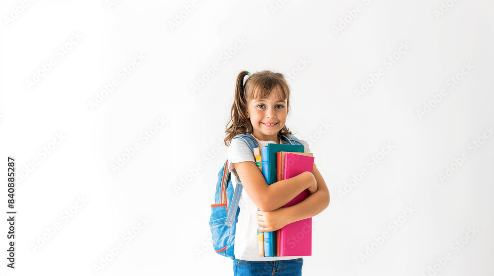 Cheerful young girl with a backpack and a stack of colorful books against a white background. Perfect for school-related marketing, educational materials, and children's fashion. Ample copy space Cheerful young girl with a backpack and a stack of colorful books against a white background. Perfect for school-related marketing, educational materials, and children's fashion. Ample copy space