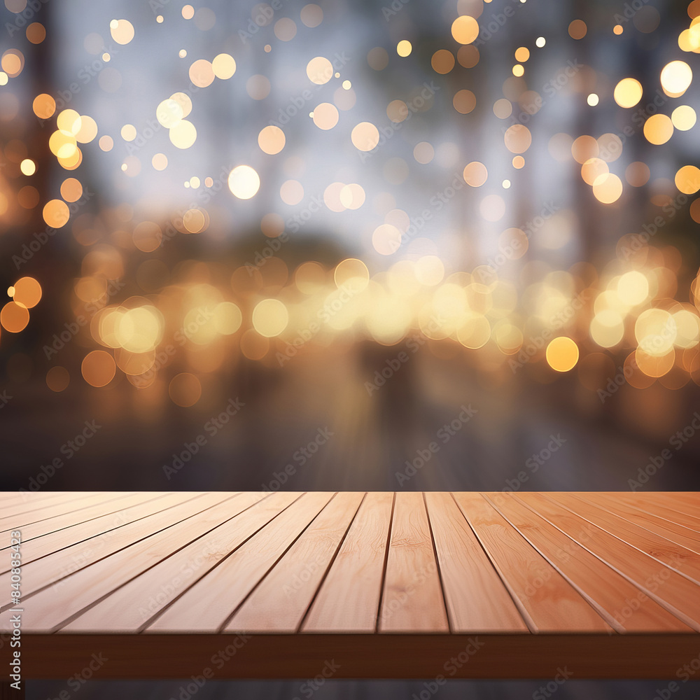 Wood table against bokeh background. Wood table against bokeh background.