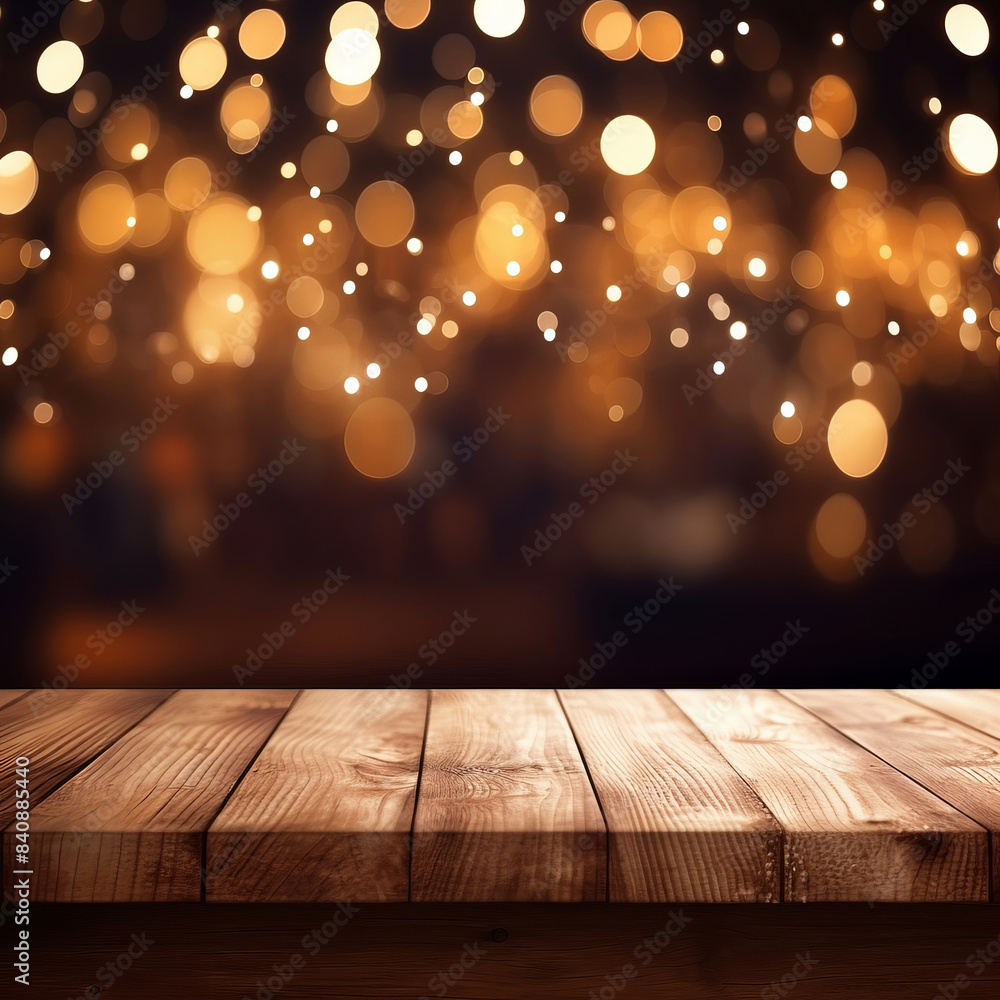 Wood table against bokeh background. Wood table against bokeh background.