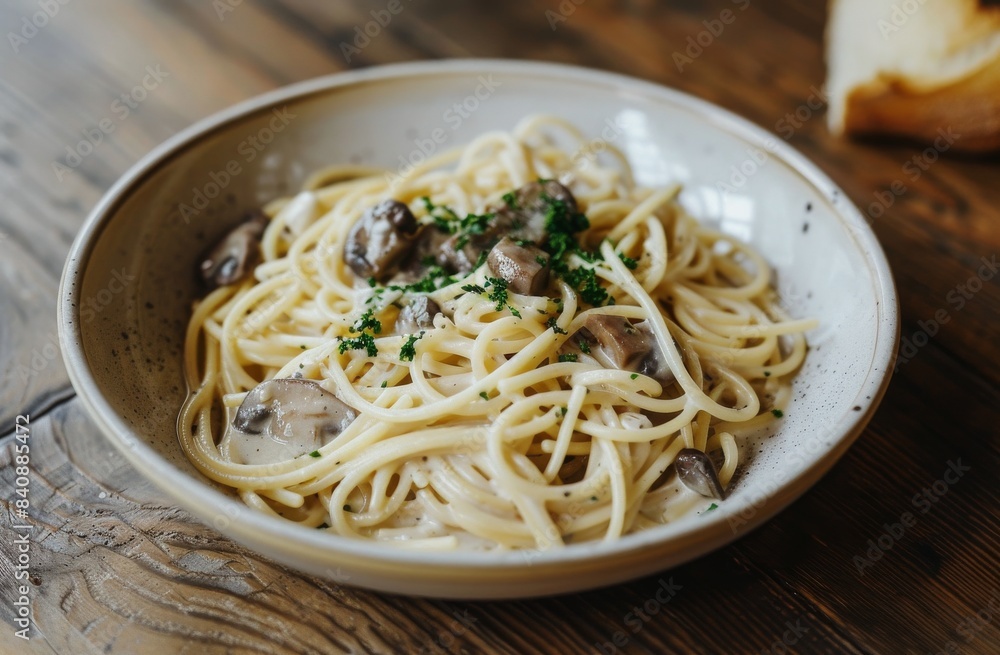 Creamy Mushroom Pasta Served in White Bowl on Wooden Table Creamy Mushroom Pasta Served in White Bowl on Wooden Table