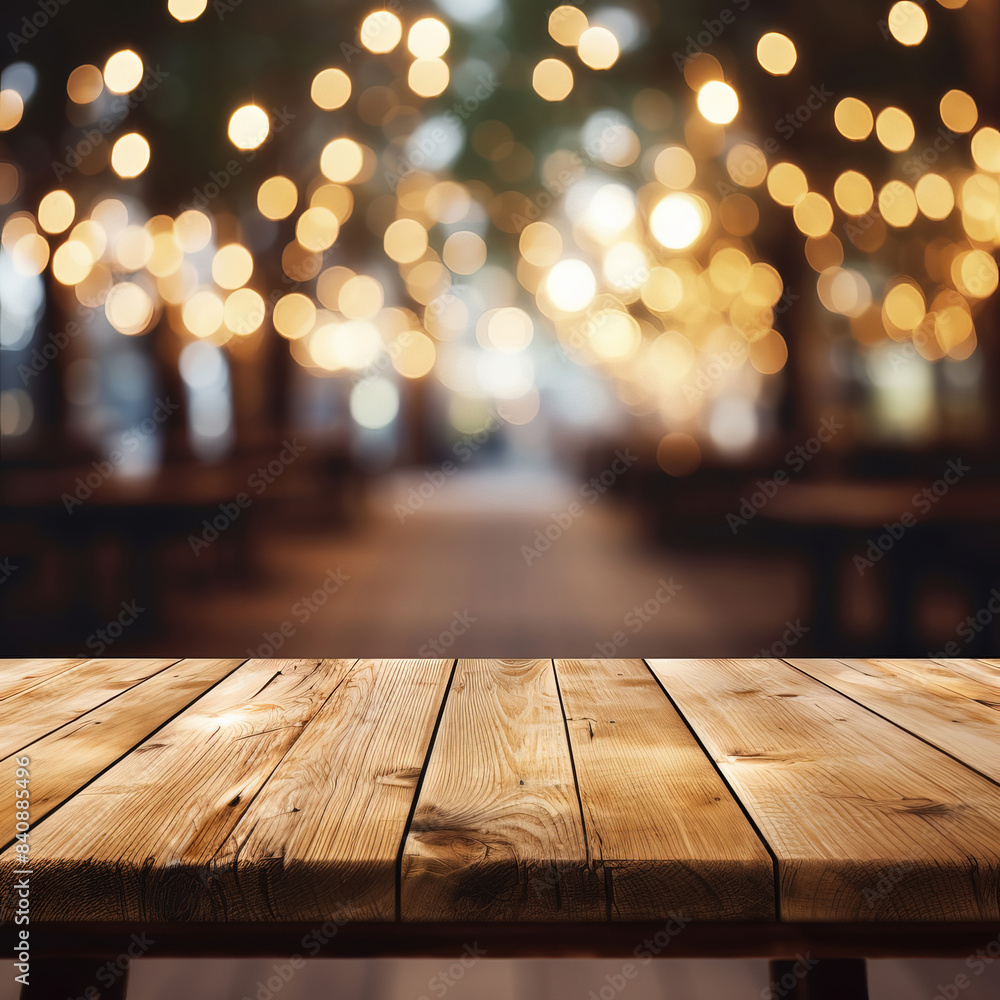 Wood table against bokeh background.