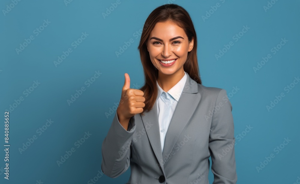 Businesswoman in Grey Suit Holding Up Two Fingers in Front of Blue Background Businesswoman in Grey Suit Holding Up Two Fingers in Front of Blue Background