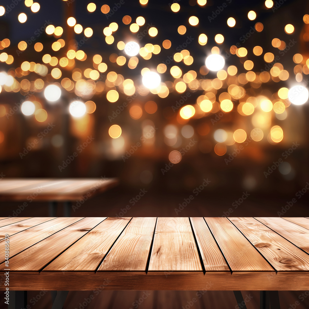 Wood table against bokeh background. Wood table against bokeh background.