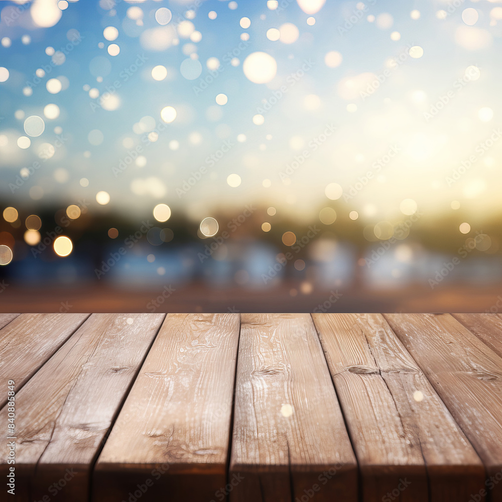 Wood table against bokeh background. Wood table against bokeh background.
