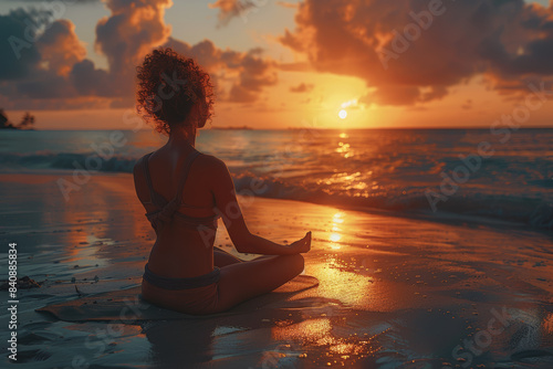 A yoga instructor meditating at sunrise on a beach. Concept of peace and mindfulness. Generative Ai.