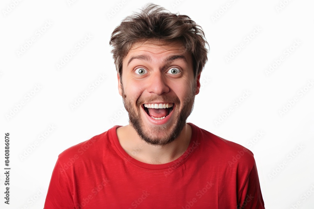 An exuberant young man with wide eyes and mouth open, showing surprise and joy An exuberant young man with wide eyes and mouth open, showing surprise and joy