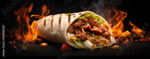 

commercial photography of a shawarma wrap with chicken against a black background, with smoke and fire coming out from the bread in the style of food advertising. 