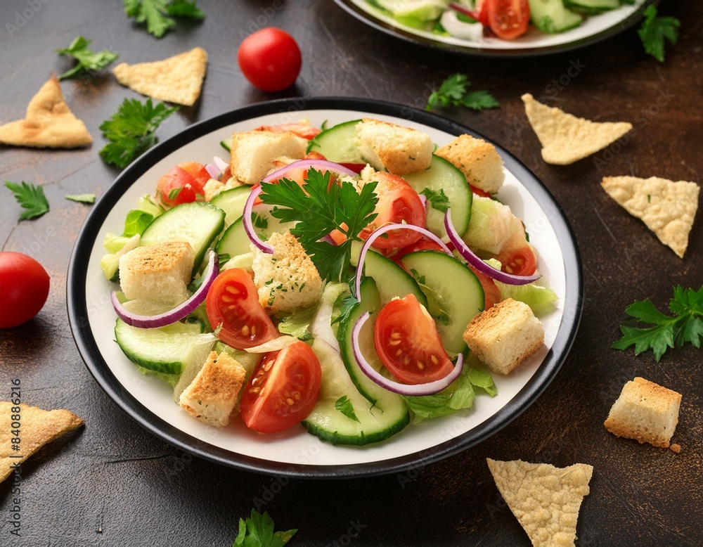 Traditional fattoush salad on a plate with pita croutons, cucumber, tomato, red onion, vegetables mix and herbs Traditional fattoush salad on a plate with pita croutons, cucumber, tomato, red onion, vegetables mix and herbs