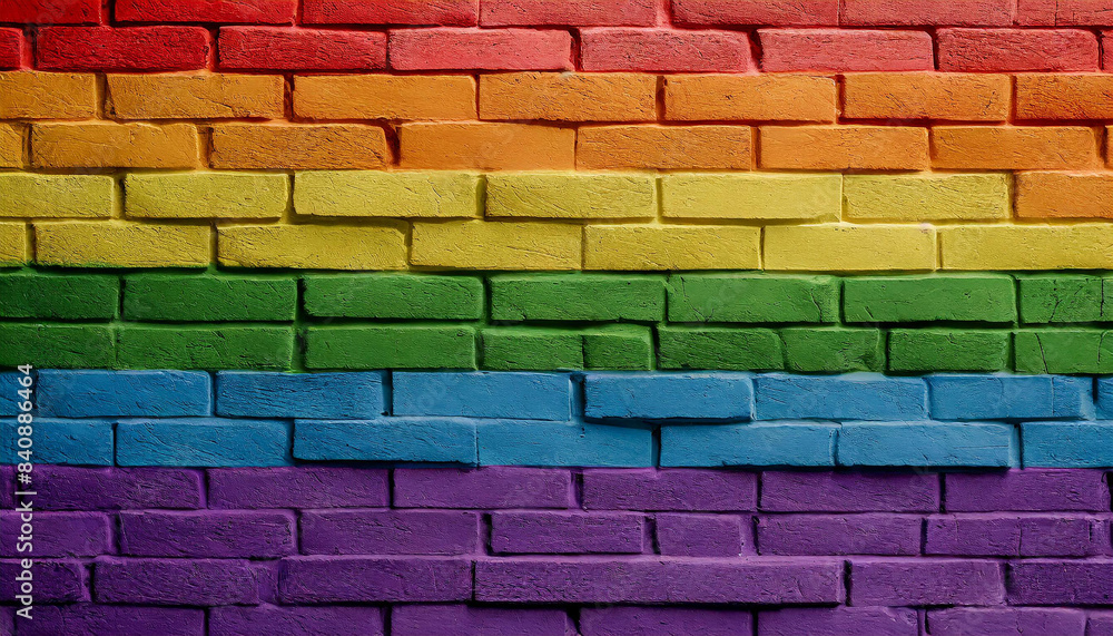 brick stone wall painted in the colors of the lgbt flag and rainbow, abstract texture background wallpaper for product presentation close up full screen, queer lgbtq pride month brick stone wall painted in the colors of the lgbt flag and rainbow, abstract texture background wallpaper for product presentation close up full screen, queer lgbtq pride month