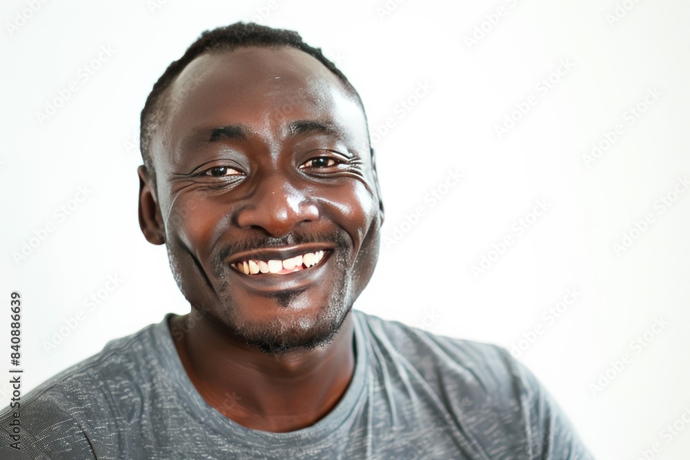 Man with radiant smile wearing a grey t-shirt, expressing pure joy and contentment Man with radiant smile wearing a grey t-shirt, expressing pure joy and contentment