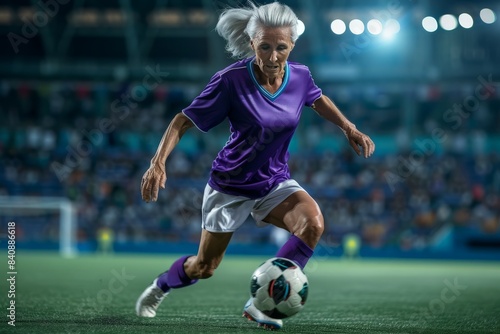 Aged female soccer player in motion, skillfully playing on a brightly lit stadium field