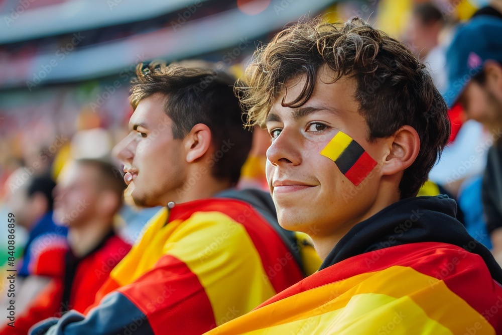 Obraz premium Close-up of a young fan with the Belgian flag painted on his cheek