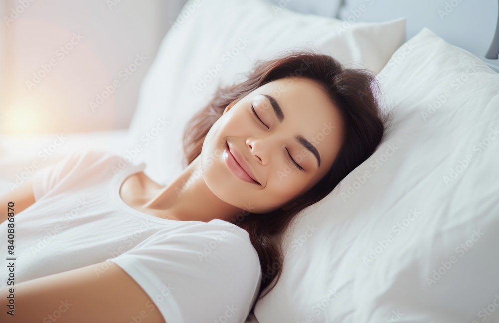 Woman Sleeping Peacefully On A White Pillow In Her Bedroom Woman Sleeping Peacefully On A White Pillow In Her Bedroom