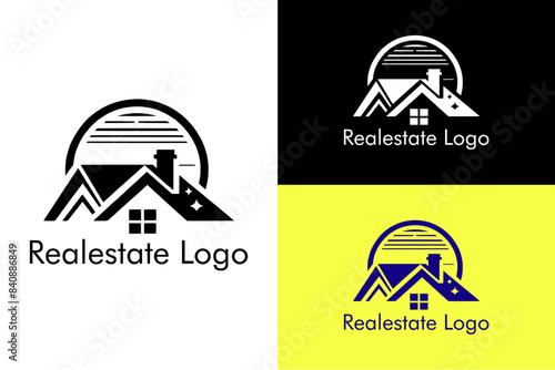 retro house roofing windows vector design real estate logo property home rental builders 