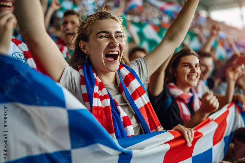 Joyful soccer fans with arms up holding a national flag, celebrating at a game Joyful soccer fans with arms up holding a national flag, celebrating at a game