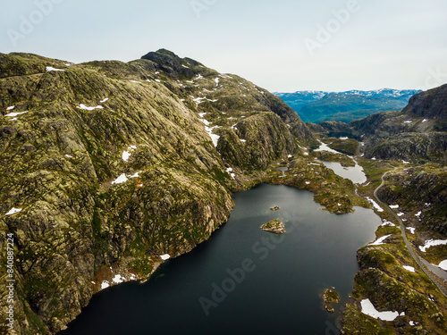 Aerial view. Road and lakes in mountains Norway photo