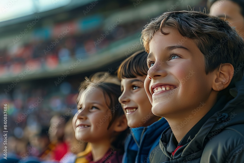 Three joyful children watching a sports game at a stadium, exuding excitement and youthful enthusiasm Three joyful children watching a sports game at a stadium, exuding excitement and youthful enthusiasm