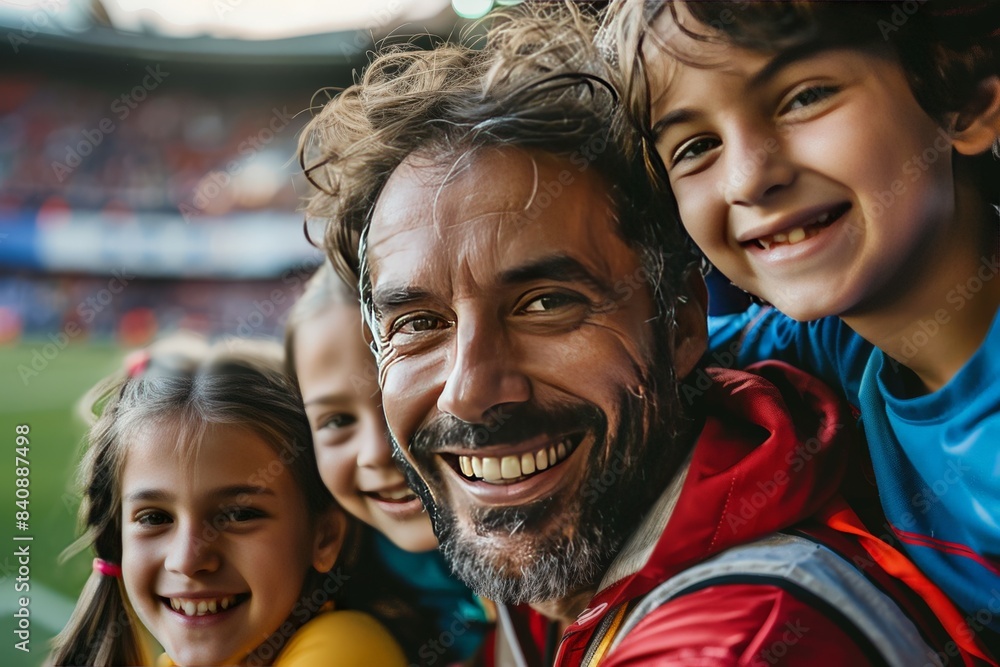A group of happy children with their parent at a sports stadium, representing family leisure and excitement A group of happy children with their parent at a sports stadium, representing family leisure and excitement