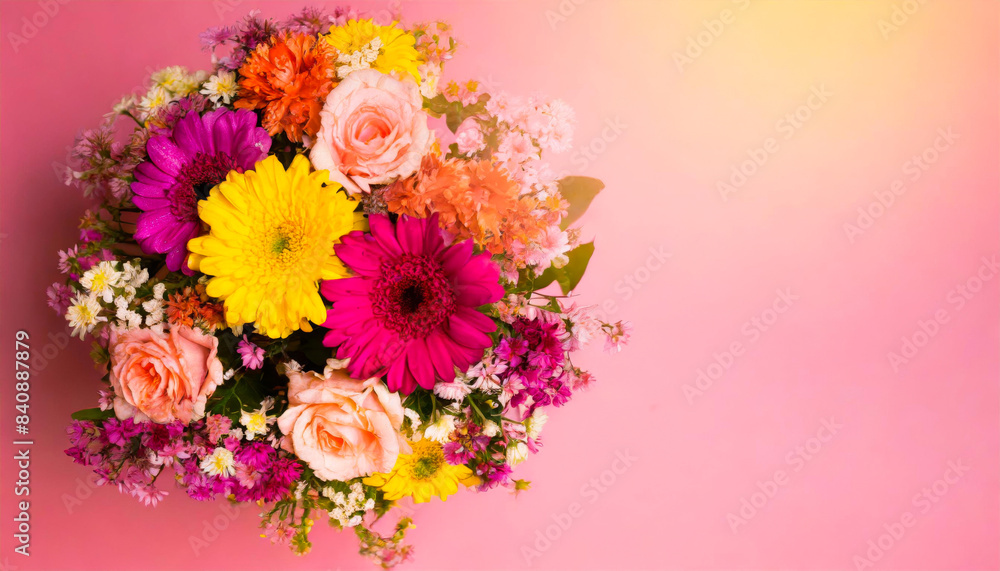 Obraz premium flowers bouquet top view on pinkish background