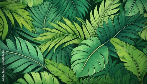 Wallpaper Mural A detailed illustration of abstract tropical leaves arranged in a seamless pattern. The composition includes palm fronds, monstera leaves, and other exotic foliage in vibrant green tones with hints Torontodigital.ca