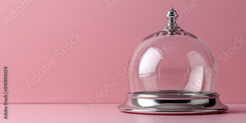 Glass transparent cloche on monochromatic pink background, elegant tableware for displaying pastries and sweets, banner with copy space