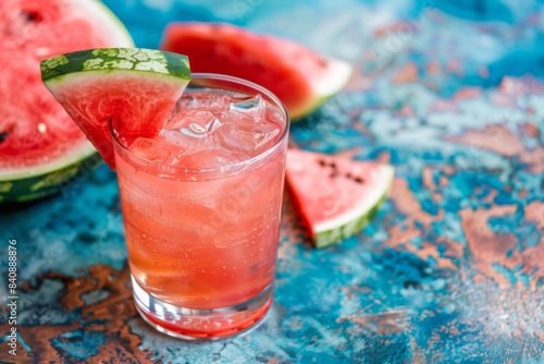 Watermelon juice with ice and a slice of fruit, on a table