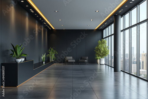 Perspective Office Mockup  black wall  workplace with free space background. Generative AI