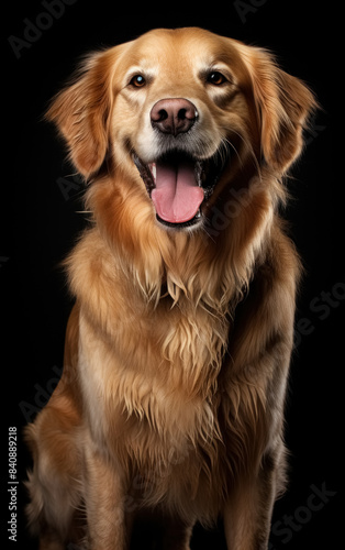 Full body front view studio portrait adorable golden retriever dog sitting and looking in camera isolated on black background, thoroughbred domestic pet.
