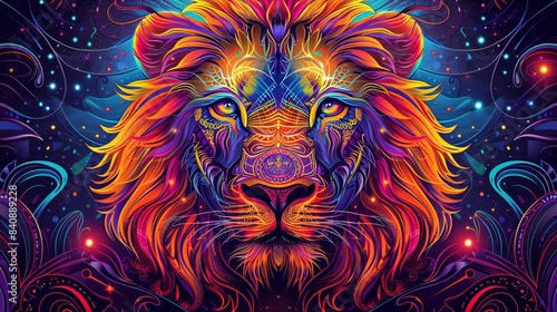 A colorful lion with a glowing eye is the main focus of this vibrant