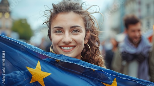 Young woman holding european union flag in crowd outside