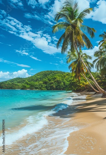 A picturesque tropical beach featuring tall palm trees, clear blue waters, and soft sandy shores. The vibrant colors and sunny weather depict a perfect summer destination.