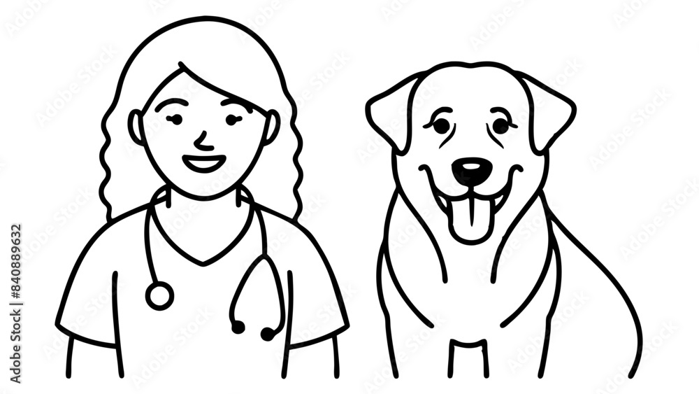 Outline drawing of a veterinarian with a dog Outline drawing of a veterinarian with a dog