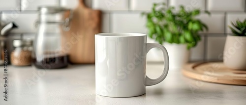 Blank coffee mug on a white countertop  minimalistic kitchen setting
