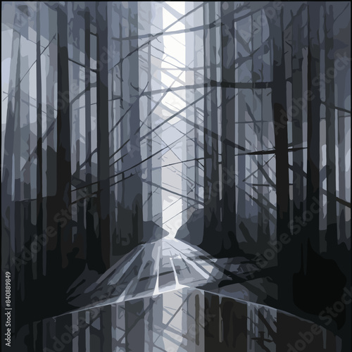 Wallpaper Mural Modern Abstract Forest Wall Art Print, Grey and Black Minimalist Artwork, Contemporary Home Decor, Geometric Nature Illustration Torontodigital.ca