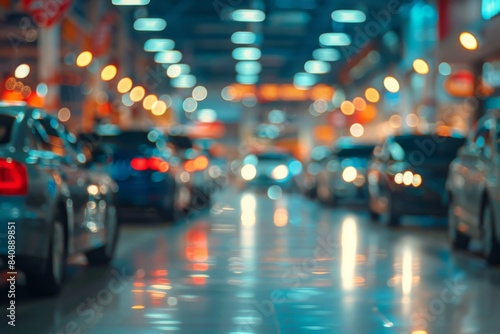 A blurry image of a busy street with cars and a blurry white car
