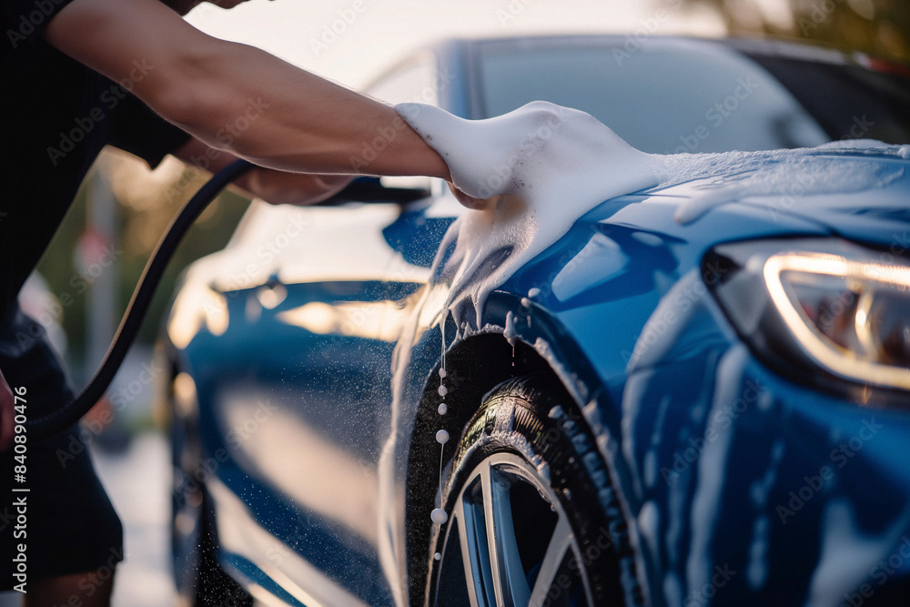 A cleaning black car with microfiber cloth, car detailing. Generative AI A cleaning black car with microfiber cloth, car detailing. Generative AI