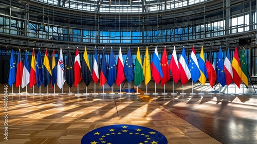 Display of european union member nations  flags in a harmonious row representing unity and diversity photo
