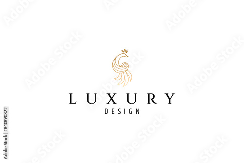 Elegant peacock logo with luxury gold color line art vector design style