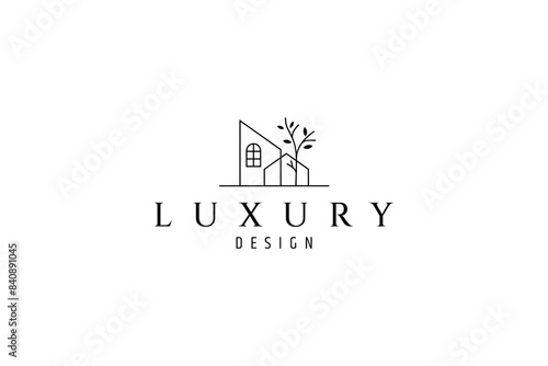 home logo with tree plants in line art design style