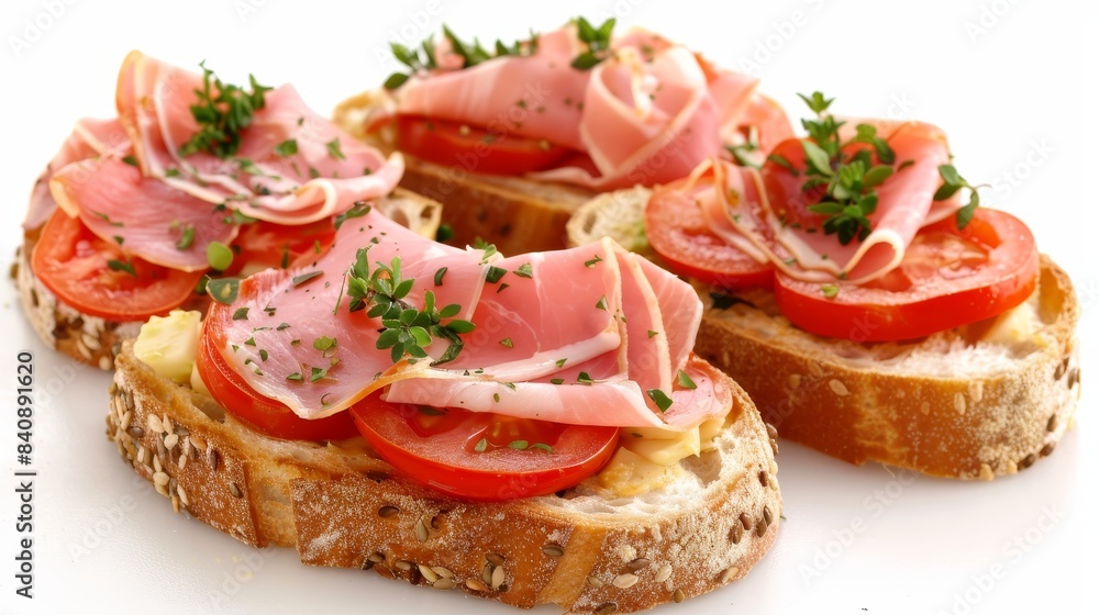 Turkey ham bruschetta on avocado slices on a clean white background for a delightful presentation Turkey ham bruschetta on avocado slices on a clean white background for a delightful presentation