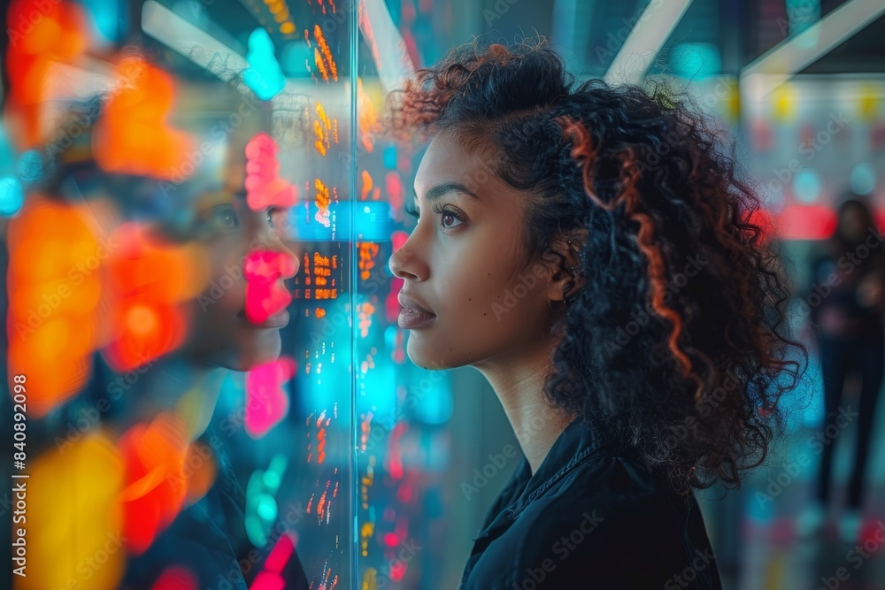 Young woman observing city lights reflection at night Young woman observing city lights reflection at night