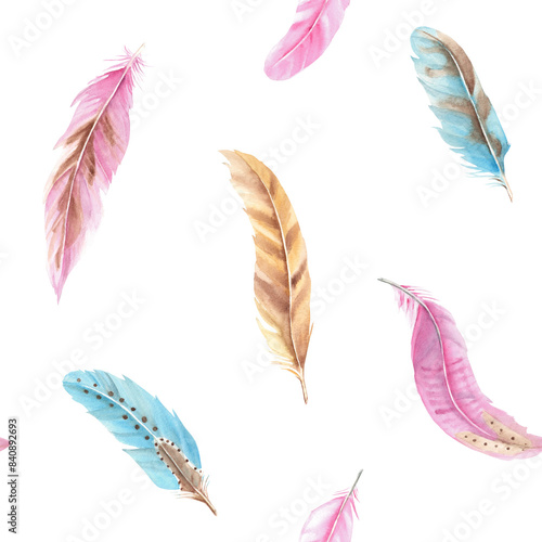 Colored Feathers Watercolor seamless pattern on white background. Hand drawn illustration. Can be used for fabric, textile and packaging prints.