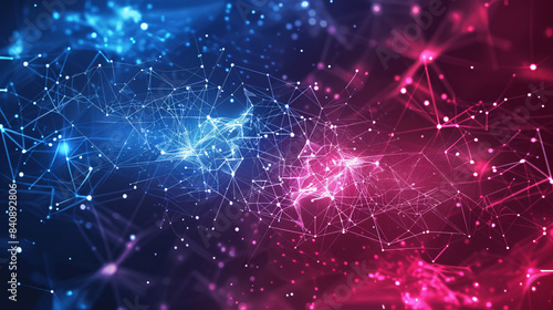 Dark background with pink and blue connecting lines and dots forming an abstract network