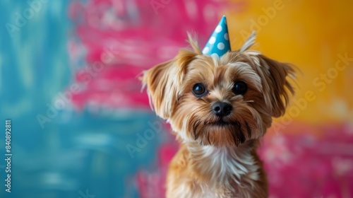 Funny little dog in a festive colorful cap on a multi-colored background. Birthday celebration. Party invitation. Free space for text. Copy space © iri.madrid.art