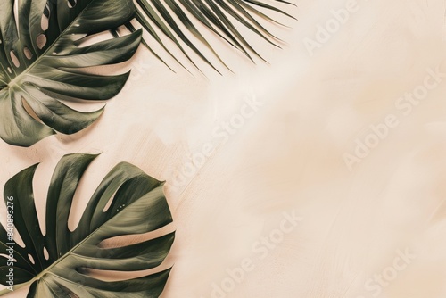 beige table stone marble and border palm leaves. summer background with tropical palm leaves and branches