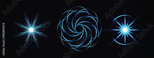 Abstract lighting effect luminous lens flare effects overlay designs screen blending mode make high-quality images Set abstract star sun snowflakes burst digital iridescent glare over dark background