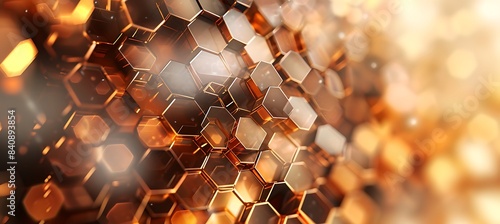 Coffee-coloured banner, highlighted by crystalline hexagonal designs in the background.